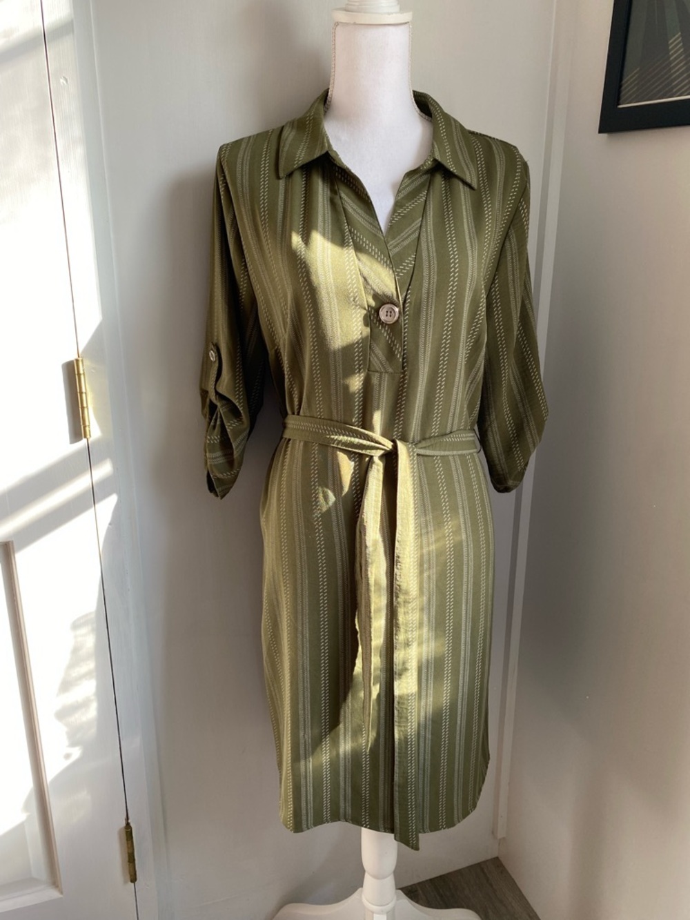 Ashley Blue Olive Green Striped Midi Shirt Dress
